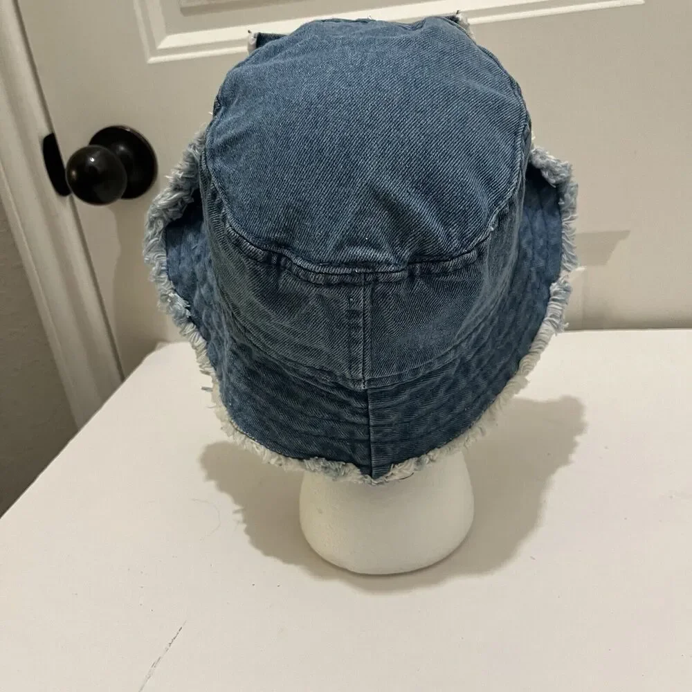 Toddler Girls Blue Denim Chambray Fray Bow Flip Up Bucket Hat Beach Y2K 2-4Y - Picture 5 of 8